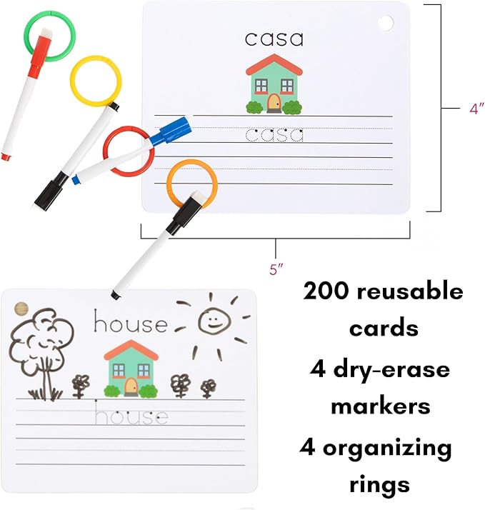 Dry Erase Spanish Flash Cards for Kids | English - Spanish Alphabet Flash Cards for Beginners - Set of 200 ESL Teaching and Learning Bilingual Flashcards for Writing and Reading Games.