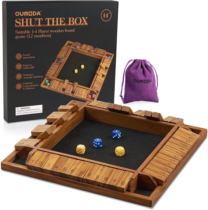 14 inches 1-4 Players Shut The Box Dice Game Upgraded 12 Numbers Wooden Board Table Math Game with 12 Dice Close The Box for Adult Kids, Family Classroom Home or Bar
