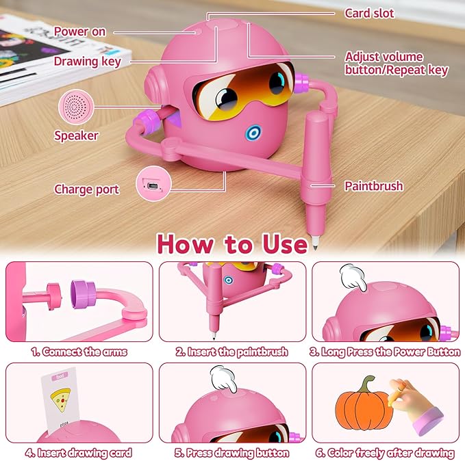 Drawing Robot for Kids, with 100 Word Cards, 12 Color Pens, Voice Interactive Educational Drawing Machine, Montessori Painting Learning Toys for 3 4 5 6 7 8 Year Old Boys Girls Birthday Party (Pink)