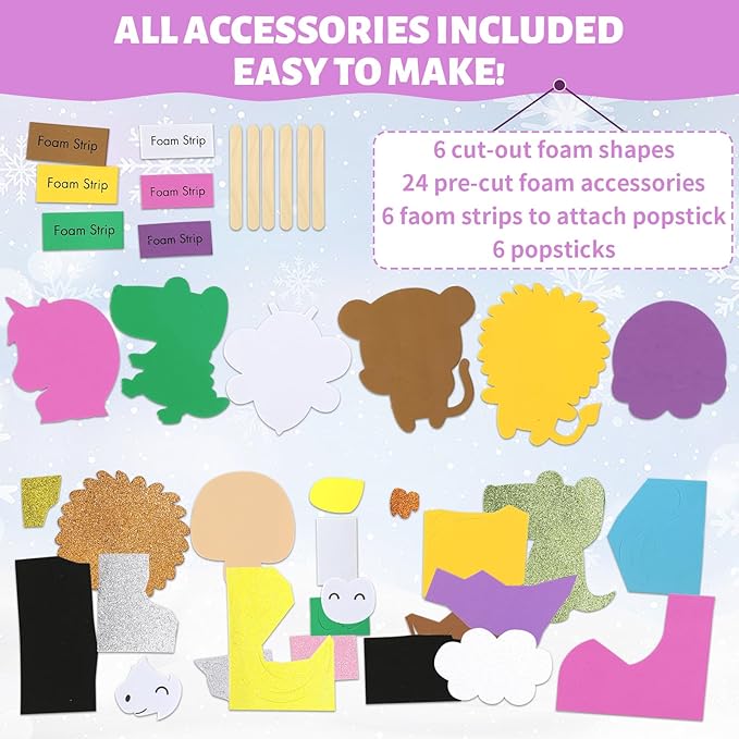 VKPI Make 6 Popstick Puppets Craft Kits for Kids, Foam Art Crafts Gift, Story Time Toys for Ages 4+ Toddler, Cloud, Animals, Preschool Projects Game Crafts, Birthday Party Favor Supplies