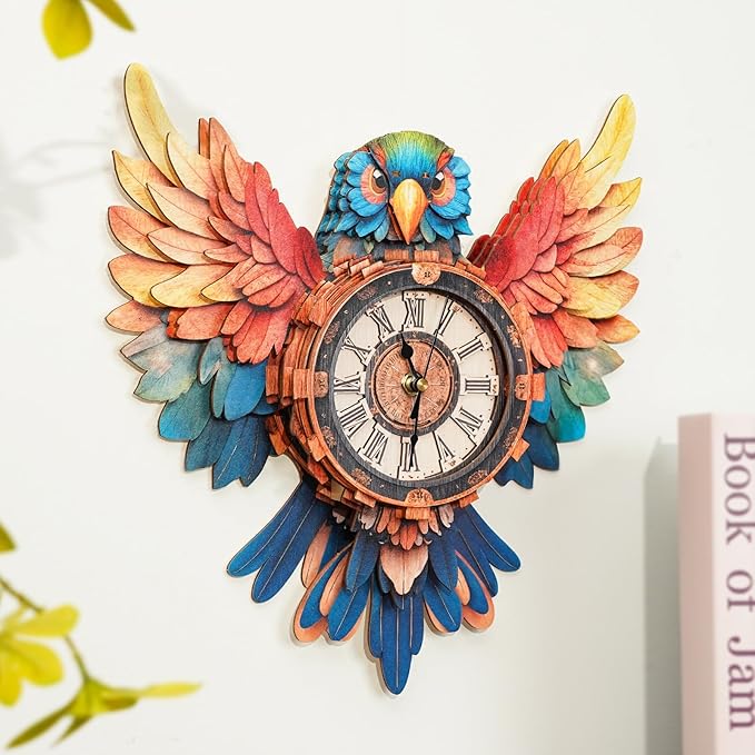 KAAYEE 3D Puzzle for Adult, Wooden Parrot Pendulum Clock Mechanical Model Kit, 33 PCS DIY Vintage Wall Clock Building Kit, Creative Craft Gift for Birthday Home Decor (Battery Not Included)