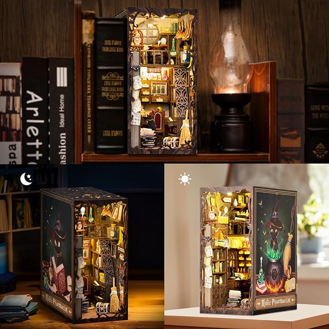 Fsolis Book Nook Kit, DIY Miniature Dollhouse Kit, 3D Wooden Puzzle for Adults, 282 Pieces, Bookshelf Decor Tiny House Mini Booknook Craft, Gifts for Women Teens and Puzzle Lovers (Magic Pharmacist)