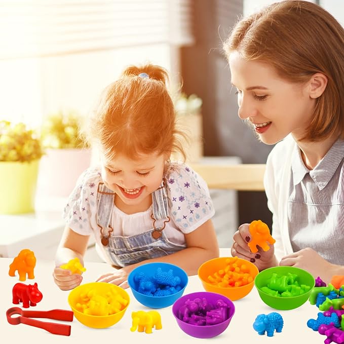Counting Toys Matching Game for Kids with Sorting Bowls Preschool Learning Educational Activities Toys Color Classification and Sensory Game Set Toddler Montessori Toys for 3 4 5 Years Old-Animals