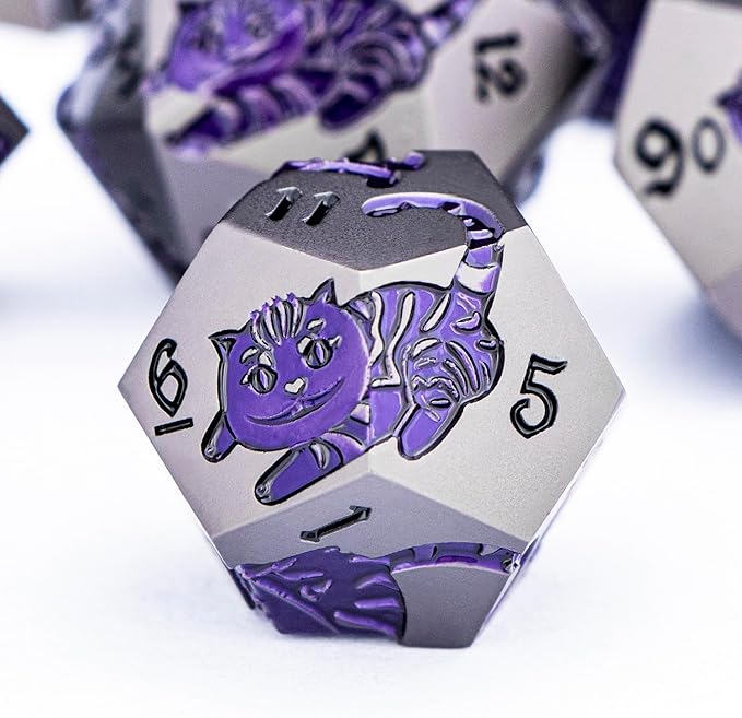 Metal DND Cat Dice 7PCS Polyhedral RPG Dice Set with Gift Case for Dungeons Dragons Role Playing Game, D and D Dice D6 D8 D10 D12 D20 D% (Grey Purple)