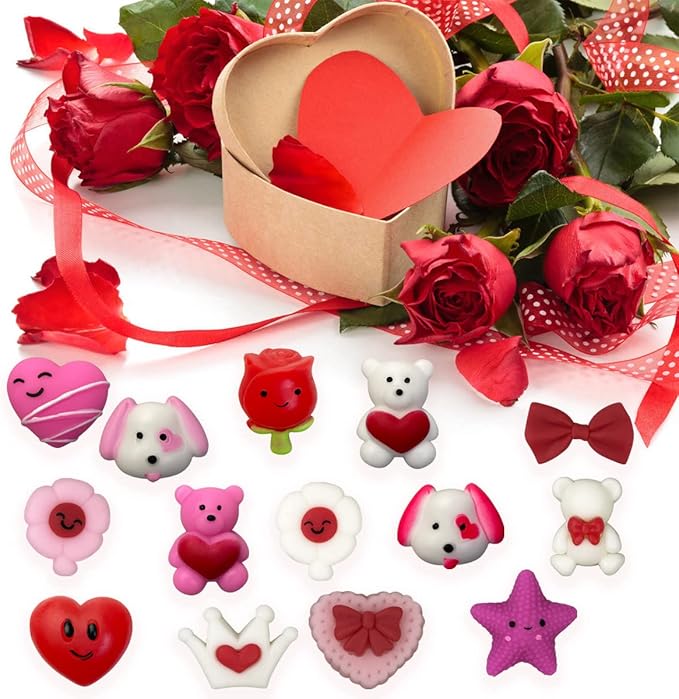 Anditoy 100 PCS Valentines Mochi Squishy Toys Squishies for Kids School Class Classroom Valentines Cards Gifts Day Prizes Party Favors