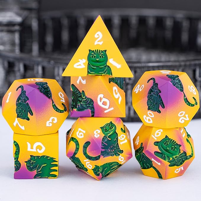 Metal DND Cat Dice 7PCS Polyhedral RPG Dice Set with Gift Case for Dungeons Dragons Role Playing Game, D and D Dice D6 D8 D10 D12 D20 D% (Yellow Green)