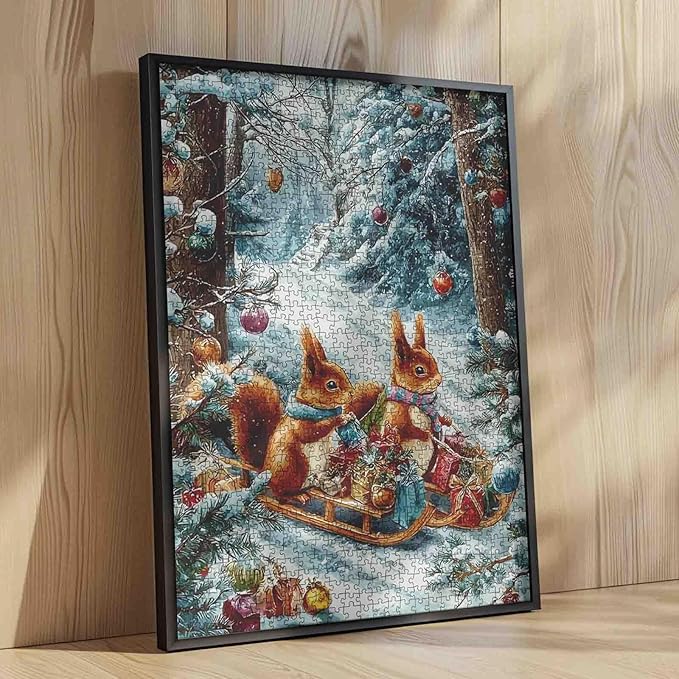 Christmas Day 1000 Piece Jigsaw Puzzles for Adults Squirrel Delivery Gift Scene Painting Jigsaw Puzzle 1000 Winter Wonderland Puzzles 20''x27”inch DIY Craft Puzzle Art Wall Decor Family Challenging