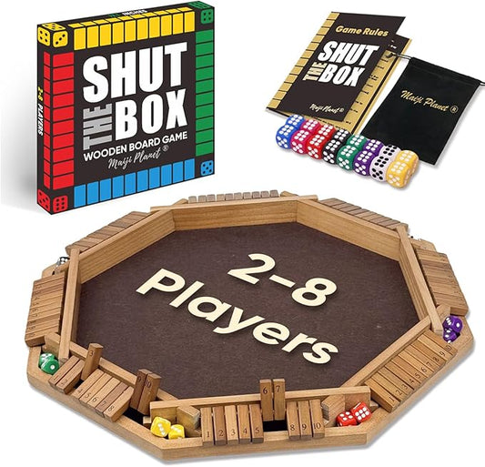 Deluxe 2-8 Player Original Shut The Box Game, Math Dice Board Game for Family Night Classroom Travel, Wooden Classic Table for Group Kid Adult Senior Travel Party Bar Easy Quick and Fun