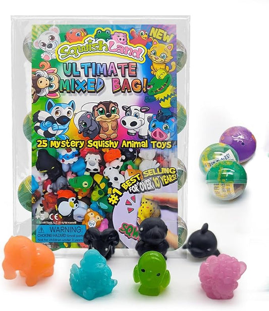 Ultimate Mixed Bag 25ct – Mini Squishy Kids Toys with 25 Mystery Animal Squishies Capsules, Desk Toys & Toppers for Pencil Erasers, Ideal Fidget Party Favors for Kids & Birthday Bulk Gifts