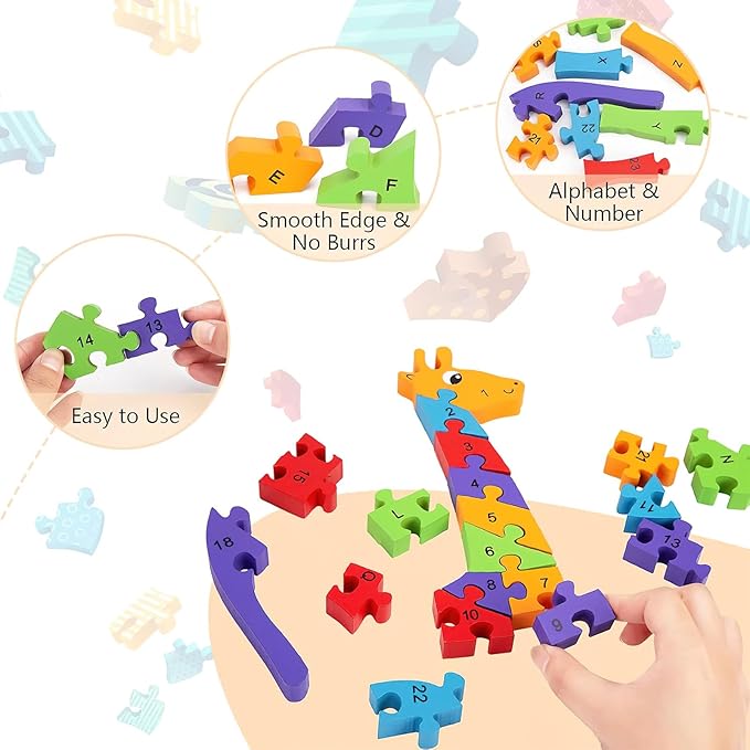 LovesTown Wooden Alphabet Puzzle for Kids, Learning Toy, Giraffe Montessori ABC Educational Letter and Number Jigsaw for Toddlers