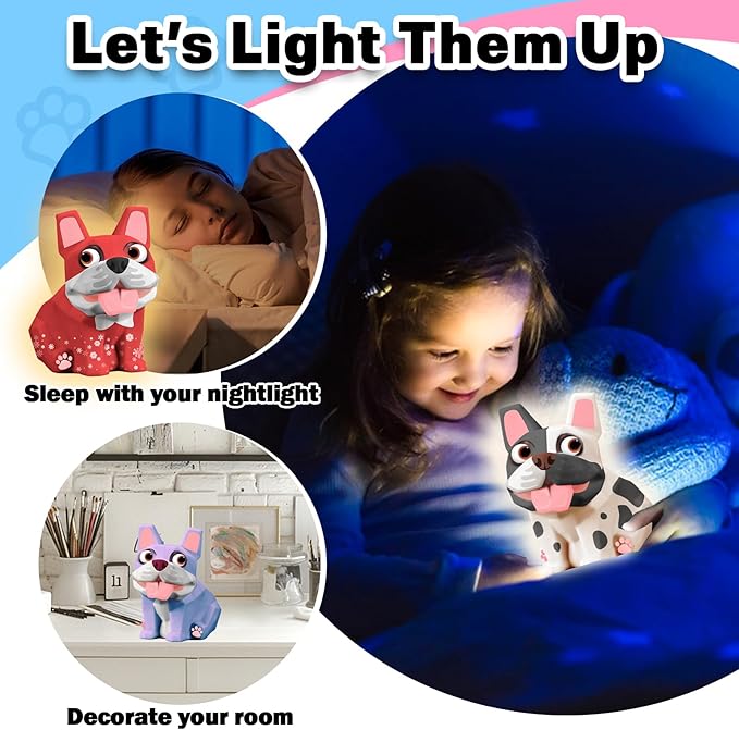 FUNZBO Paint Your Own Dog French Bulldog Lamp Kit - Arts and Crafts Supplies Painting Kits for Kids Teens Adults, DIY Night Light Dog Toy for Toddler Girl Boy Ages 3 4 5 6 7 8 9 10 11 12 Birthday Gift