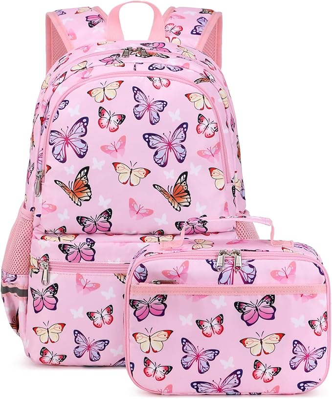 JIANYA Girls Backpack for School Elementary Kids Bookbag School Bag with Lunch Box, Butterfly Pink