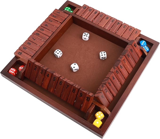 MerryPony Shut The Box Game 4 Player, Wooden Board Game with 10 Numbers, 12 Inch Close The Box Game with 12 Dice, Classic Family Dice Game for Adults, Tabletop Math Game for Pub Classroom Party