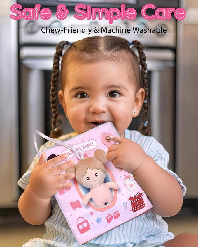 Interactive Sensory Soft Cloth Book, Educational Crinkle Quiet Activity Busy Book for Babies,Toddler Travel Toy Gift for 1-3 Year Old Boys and Girls (Dress Me Right)