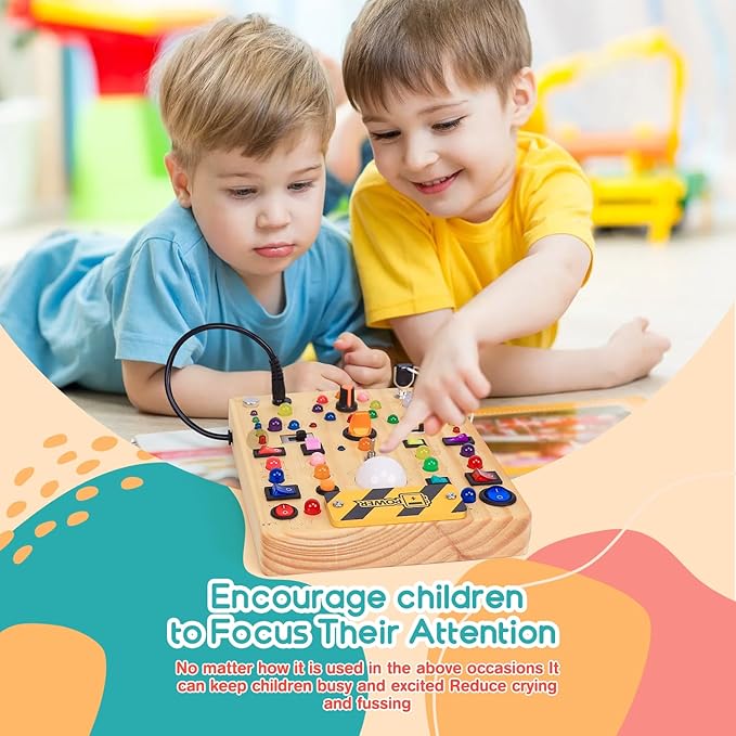 RichBoy Busy Board for 1-3 Year Old, 59 in 1 LED Light Up Wooden Sensory Montessori Switch Board Toy for Toddlers Travel Gift (7.8" x 6.5")