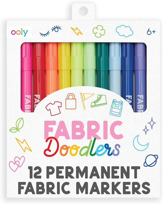 Ooly Permanent Fabric Markers Set of 12, Fabric Doodlers are for Drawing on Denim Jackets, Light T-Shirts, Book Bags, Backpacks and More, Great Kids Activty - Back to School Supplies