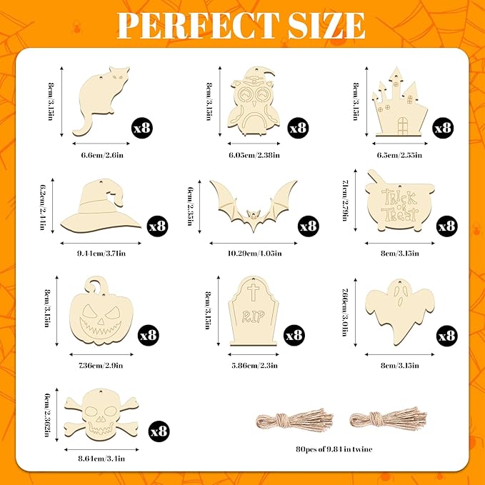 80PCS Halloween Unfinished Wooden Cutouts to Paint Halloween Decorations Hanging Ornaments Ghost Witch Pumpkin Spider Blank Shape Craft Tags