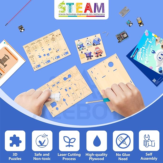 5-in-1 ESP32 STEM Kits for Kids Age 8-12, Wooden 3D Puzzle Toys Smart Home School Educational Science Building Kit for Students, Engineering Model Kits Birthday Gift Craft for Teen Boys Girls