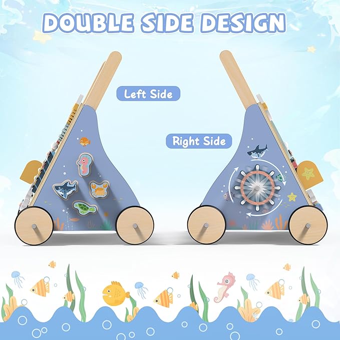 Wooden Baby Walker with Activity Center, Montessori Push Walker Toy for Babies 18 Months+, Sit to Stand Walker with Wheels for Boys & Girls, Infants to Toddler