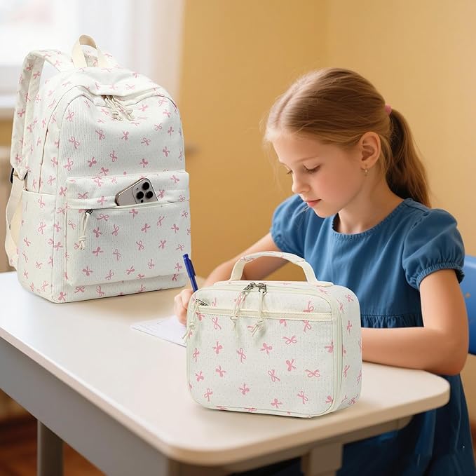 LEDAOU Kids School Backpack with Lunch Box for Girls Toddler BookBag School Bag Preschool Kindergarten Backpack (Pink bow)