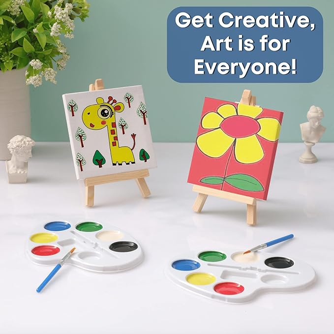 Mini Canvas and Easel Set with Mini Watercolor Paint in Bulk Set of 12 - Kids Art Party Favors & Party Supplies - 4x4" Small Canvases for Painting with Mini Easel - Water Colors Paint for Kids