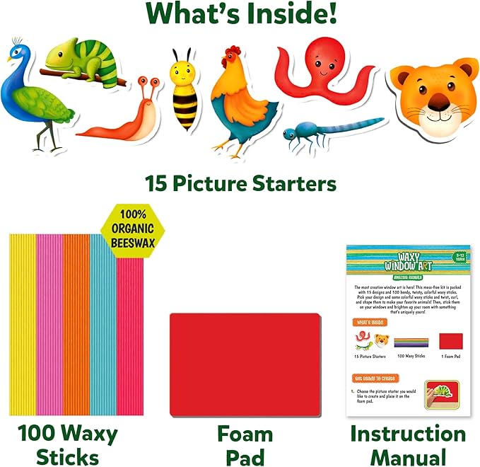 Skillmatics Waxy Window Art - 100 Bendable Waxy Sticks for Mess-Free DIY Fun, Reusable 100% Organic Beeswax Craft Kit, Travel Friendly, Creative Gifts for Girls & Boys Ages 5, 6, 7, 8, 9, 10, 11, 12
