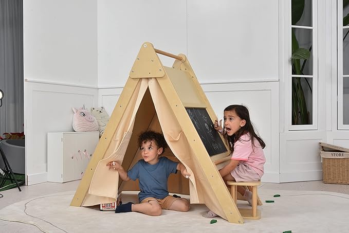 Avenlur Oak Foldable Triangle Climber 5 in 1 Kids Playhouse Hideaway Montessori Learning Play Tent, Desk, Chair Stool, Art Easel, Chalkboard, Teepee Climbing, Crawling Tunnel Toy Toddler Playset