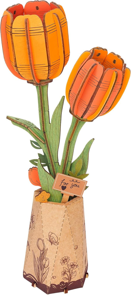 rowood Wooden Flower,DIY Artifical Flower Building Set Craft Kit for Adults,Mother's Day/Valentine's Day for Mom/Women/Grandma-Orange Tulip