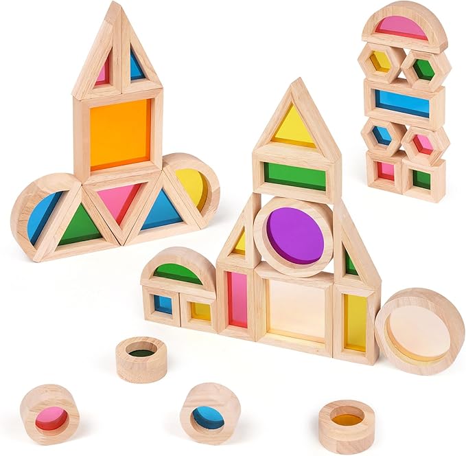 Wooden Rainbow Building Blocks for Kids 32 Pcs Rainbow Stacker Stacking Blocks Game Colorful Construction Toys Preschool Learning Educational Toys -Geometry Wooden Blocks for Boys & Girls