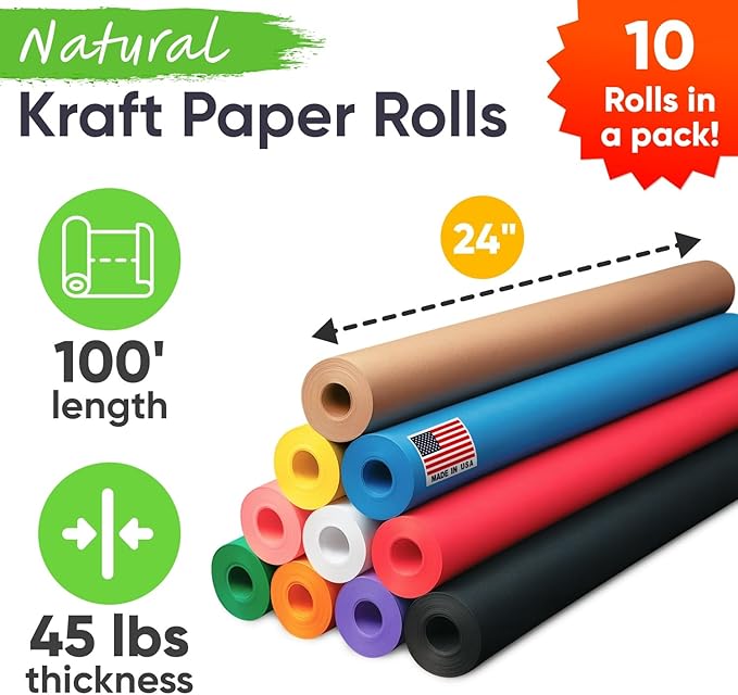 24" x 1200" (100 ft) Pack of 10 Rolls USA-Made Multi-Color Kraft Paper, 45 lbs/66 GSM – Colored Kraft Paper for Packing, Crafts, DIY Projects, Gift Wrapping – Non-Toxic, Safe for Kids