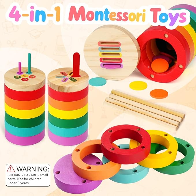 Montessori Toys, 4 in 1 Wooden Color Sorting Toys for Toddlers Sensory Fun Play Preschool Learning Activities Fine Motor Skills Educational Toys for Age 2 3 4 5 Boys Girls Gifts