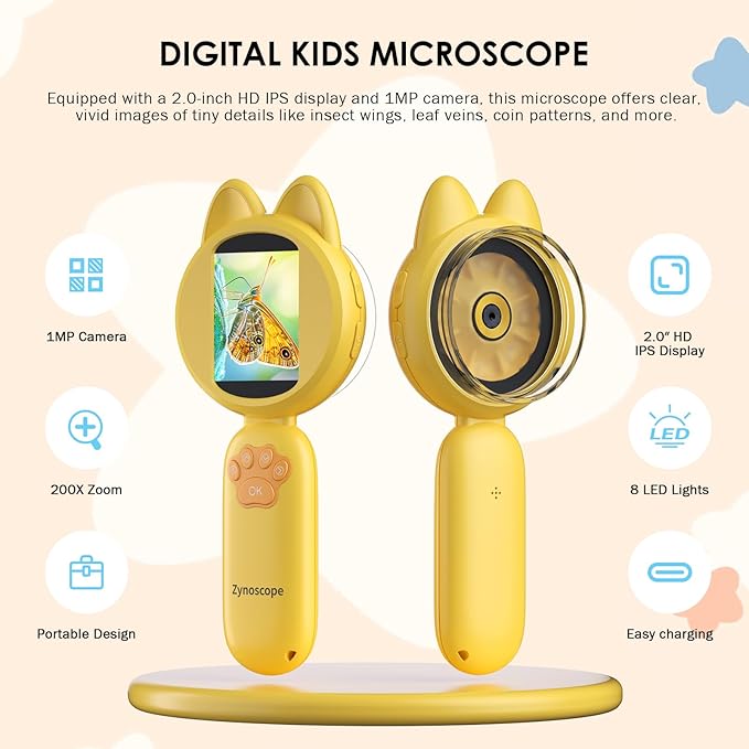 Kids Microscope 100X Magnification, STEM Handheld Digital Science Kit, Portable Educational Toy for Ages 3-16, Birthday for Boys & Girls Yellow