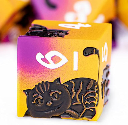 Metal DND Cat Dice 7PCS Polyhedral RPG Dice Set with Gift Case for Dungeons Dragons Role Playing Game, D and D Dice D6 D8 D10 D12 D20 D% (Purple Yellow)