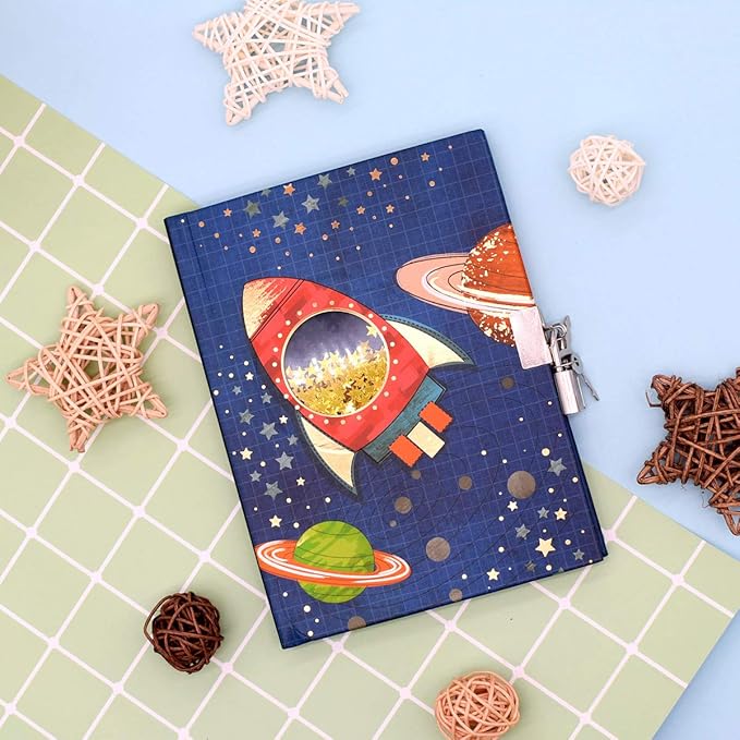 GINMLYDA Boys Diary with Lock for Kids, Spacecraft Diaries 7.1x5.3 inches 160 Pages Cute Boy Journal Secret Notebook with Lock and Key for Little Kid Writing Drawing Gift for Pre school Age 6,8,12