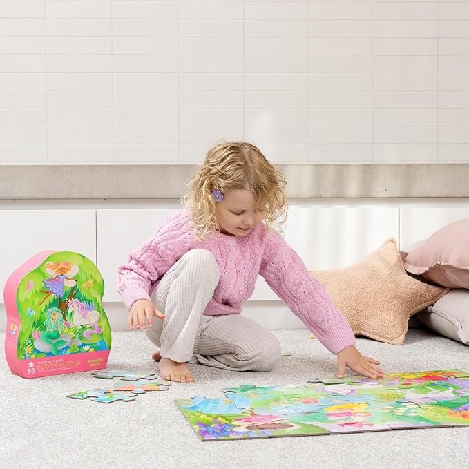Crocodile Creek 36-Piece Jigsaw Floor Puzzle - Fun Floor Puzzles for Kids Ages 3-5 - Heavy-Duty Shaped Box for Storage - Magical Friends - 24" W x 18" H Finished