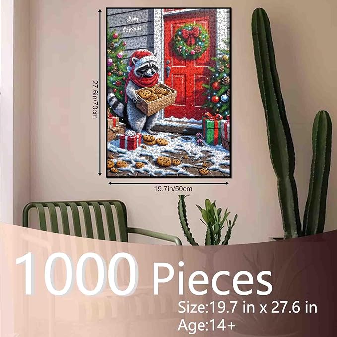 1000 Piece Jigsaw Puzzles for Adults Raccoon Christmas Gift Delivery Jigsaw Puzzle Animal/Wildlife 1000 Pieces Puzzles Family Fun Game DIY Craft Bedroom Decor Christmas Tree Puzzle Art Festival Gift