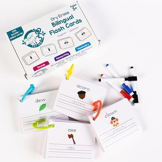 Dry Erase Spanish Flash Cards for Kids | English - Spanish Alphabet Flash Cards for Beginners - Set of 200 ESL Teaching and Learning Bilingual Flashcards for Writing and Reading Games.