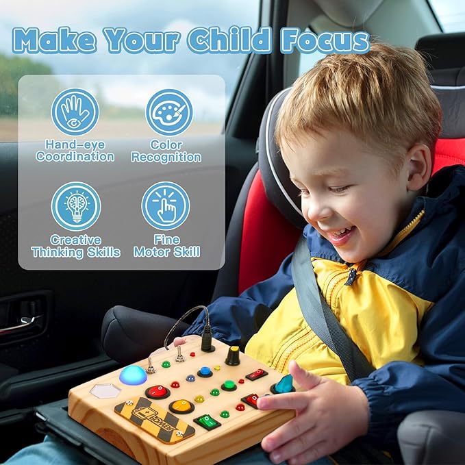 HONGDDY Wooden Sensory Busy Board for Toddler, Airplane-shaped Montessori Music Toy, Light Switch Activity Toy for Boys & Girls