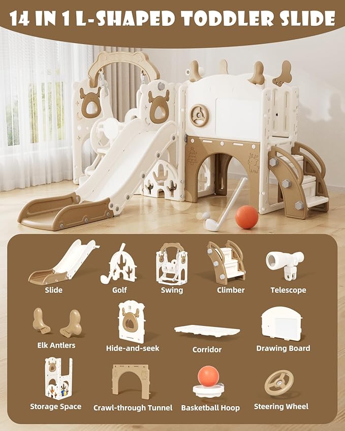 XJD 13-in-1 Toddler Slide and Swing Set, Kids Slide for Toddlers Age 1+, Toddler Outdoor Playset New Upgrade with Golf Set, Basketball Hoop, Drawing Board for Playground (Brown White)