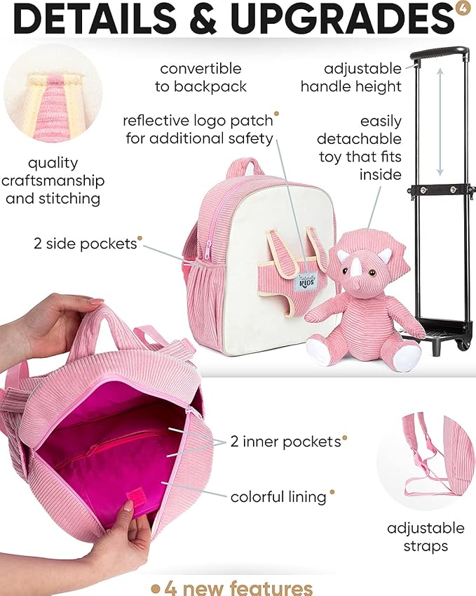 Toddler Luggage for Girls w Dinosaur Toys, Kids Rolling Backpack Girls, Toddler Suitcase, Gifts for 3 4 5 6 Year Old
