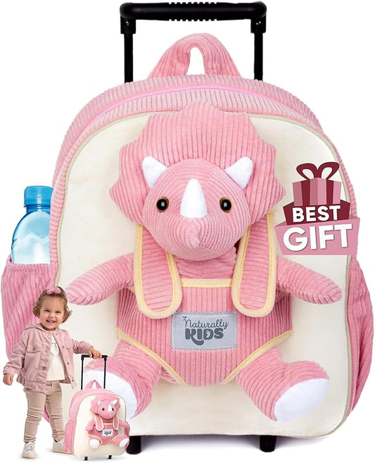 Toddler Luggage for Girls w Dinosaur Toys, Kids Rolling Backpack Girls, Toddler Suitcase, Gifts for 3 4 5 6 Year Old