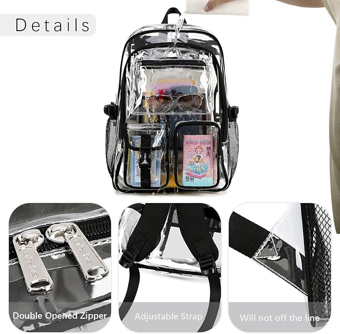 abshoo Large Clear Backpack For Girls Women School Bookbag Heavy Duty Transparent Backpack (Black)
