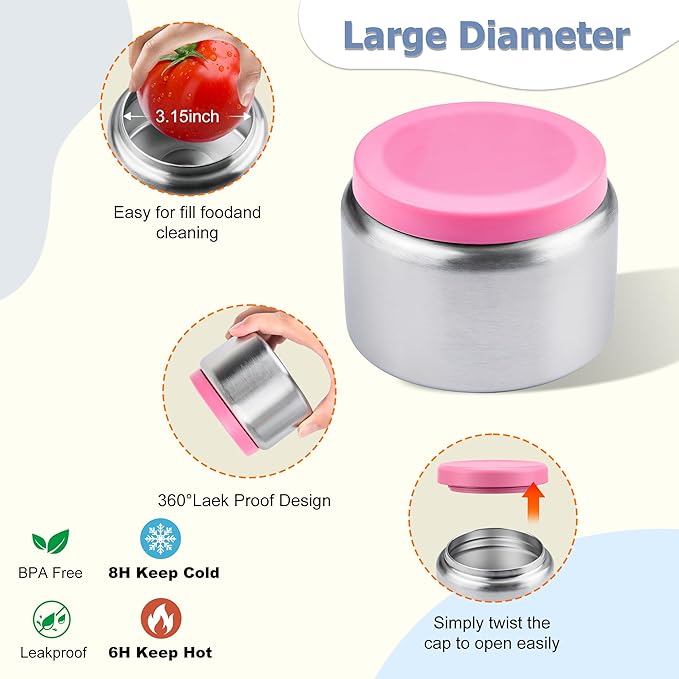 MAISON HUIS Kids Bento Box Set - Includes 8oz Soup Thermo, Insulated Lunch Bag & 17oz Stainless Steel Water Bottle, 5-Compartment Bento Box with Built-In Ice Pack, Leak-Proof & BPA-Free(Pink)