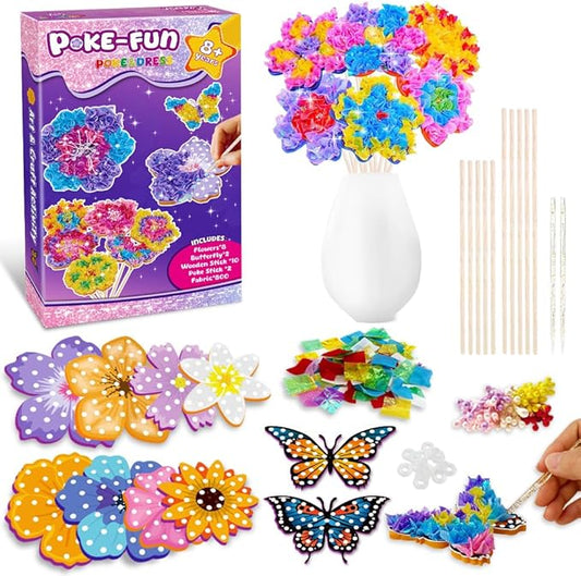 RAJRNED Poke-in Fun Flower Bouquet, Arts and Crafts for Girls with 8 Flowers & 2 Butterflies, DIY Craft Kits, Creative Activity, Gifts for Girls & Boys Ages 4-12