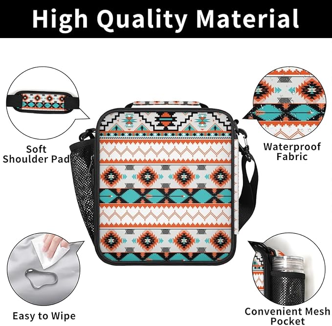 Aztec Lunch Bags for Women Insulated Lunch Boxes Western Rectangular Waterproof Lunch Tote Bag with Adjustable Shoulder Strap Portable Picnic Bag for School Work Outdoor Kid Girls Gifts