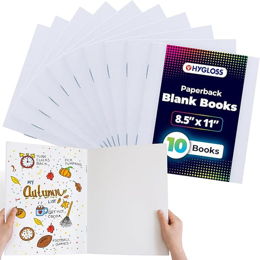 Hygloss Blank Books 8.5 x 11 Inches - 10 Pack - White Paperback for Drawing & Writing - Empty Books for Journaling, Sketching or Arts & Craft