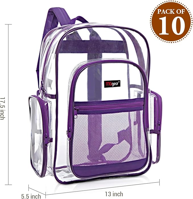 Wholesale 10-Pack Bulk Case Clear PVC Backpacks with Purple Trim and 5 Zipper Compartments, 17 Inch Transparent School Approved Backpack, Daypack, Stadium Bag, Bookbag