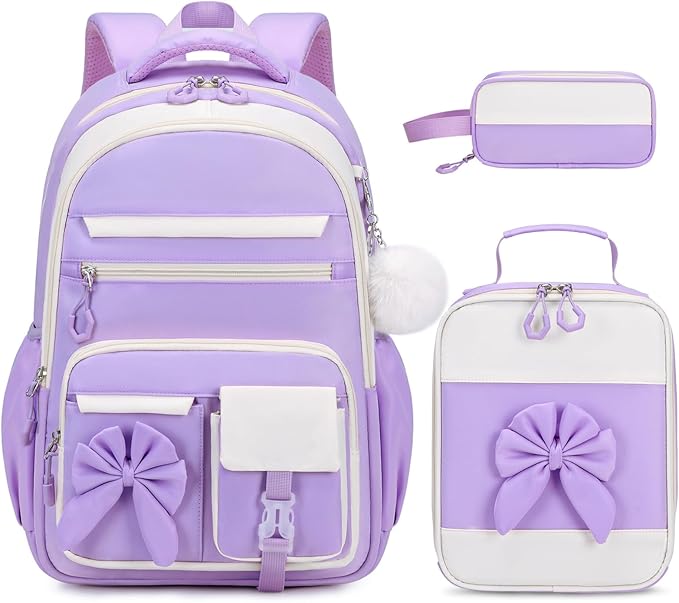Backpack for Girls, 3PCS Girls Backpack for School with Lunch Bag Pencil Case, Cute Kids Teens Bookbag for Kindergarten Elementary Preschool Middle School (Purple)