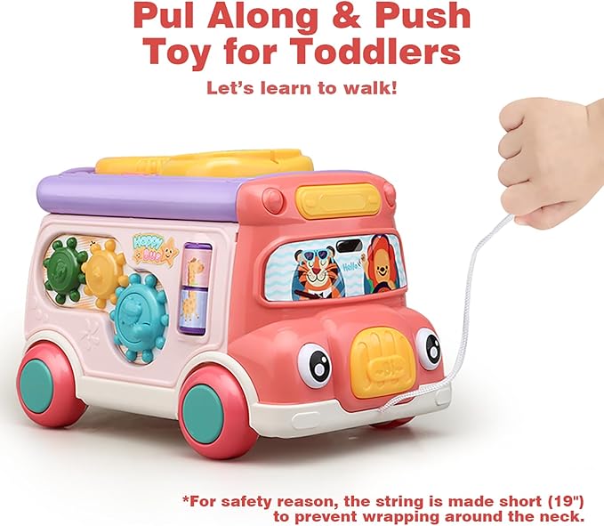 Music Activity Bus Baby Toy, Infant Education Learn Car, Sound & Light, Interactive Game, Shape Sorter, Animal Matching, Holiday Birthday Present for Toddler Kid Boy Girl 3 4 5 6 7 Years (Pink)