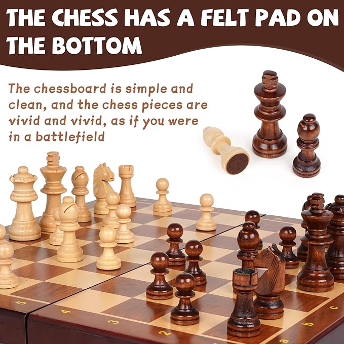 Wooden Magnetic Chess Set –15-Inch Foldable Wooden Chess Board with Magnetic Pieces, Portable Travel Chess Set for Adults and Kids, Classic Board Game with 2 Extra Queen